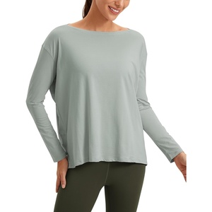CRZ YOGA Pima Cotton Boat Neck Long Sleeve Shirts for Women – Workout Athletic Yoga Casual Tops Loose Fit Fall T-Shirts(Jade Grey)