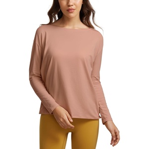 CRZ YOGA Pima Cotton Boat Neck Long Sleeve Shirts for Women – Workout Athletic Yoga Casual Tops Loose Fit Fall T-Shirts(Mocha Mousse)