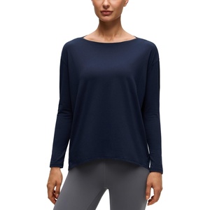 CRZ YOGA Pima Cotton Boat Neck Long Sleeve Shirts for Women – Workout Athletic Yoga Casual Tops Loose Fit Fall T-Shirts(Navy)