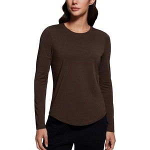 CRZ YOGA Pima Cotton Crewneck Long Sleeve Shirts for Women – Workout Athletic Yoga Casual Tops Soft Plain T-Shirt(Hot Fudge Brown)