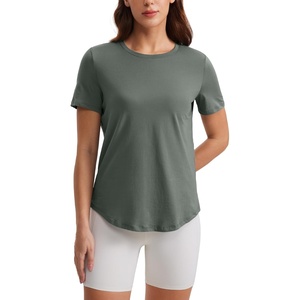 CRZ YOGA Pima Cotton Crewneck T-Shirts for Women – Workout Casual Yoga Athletic Short Sleeve Shirts Soft Crewneck Hip Tops(Grey Sage)