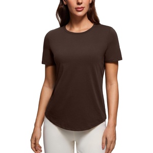 CRZ YOGA Pima Cotton Crewneck T-Shirts for Women – Workout Casual Yoga Athletic Short Sleeve Shirts Soft Crewneck Hip Tops(Hot Fudge Brown)