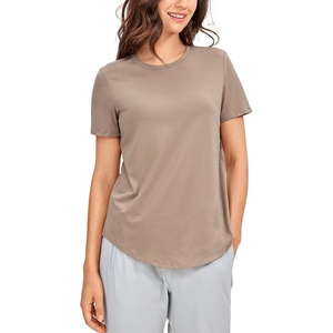 CRZ YOGA Pima Cotton Crewneck T-Shirts for Women – Workout Casual Yoga Athletic Short Sleeve Shirts Soft Crewneck Hip Tops(Mortar Color)