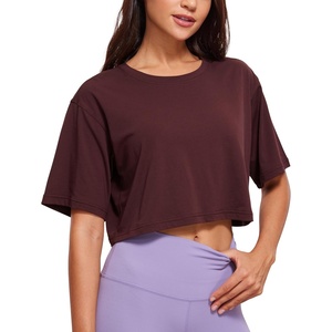 CRZ YOGA Pima Cotton Loose Crop T-Shirts for Women – Workout Yoga Casual Athletic Running Short Sleeve Shirts Crewneck Tops(Dark Red)