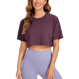 CRZ YOGA Pima Cotton Loose Crop T-Shirts for Women – Workout Yoga Casual Athletic Running Short Sleeve Shirts Crewneck Tops(Eggplant Heather)