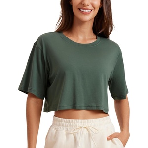 CRZ YOGA Pima Cotton Loose Crop T-Shirts for Women – Workout Yoga Casual Athletic Running Short Sleeve Shirts Crewneck Tops(Grey Olive)
