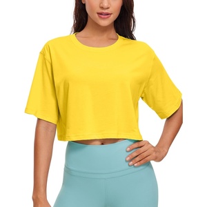 CRZ YOGA Pima Cotton Loose Crop T-Shirts for Women – Workout Yoga Casual Athletic Running Short Sleeve Shirts Crewneck Tops(High Visibility Yellow)