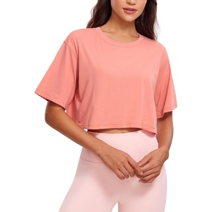 CRZ YOGA Pima Cotton Loose Crop T-Shirts for Women – Workout Yoga Casual Athletic Running Short Sleeve Shirts Crewneck Tops(Peach Pink)