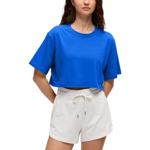 CRZ YOGA Pima Cotton Loose Crop T-Shirts for Women – Workout Yoga Casual Athletic Running Short Sleeve Shirts Crewneck Tops(Strong Blue)