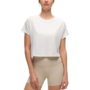 CRZ YOGA Pima Cotton Relaxed Crop T-Shirts for Women – Workout Athletic Gym Casual Short Sleeve Shirts Loose Crewneck Tops(Ice Grey/White)