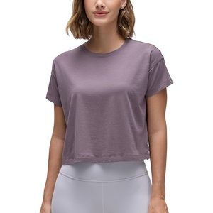 CRZ YOGA Pima Cotton Relaxed Crop T-Shirts for Women – Workout Athletic Gym Casual Short Sleeve Shirts Loose Crewneck Tops(Purple Gray)