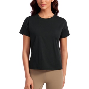 CRZ YOGA Pima Cotton Relaxed T-Shirts for Women – Workout Athletic Gym Casual Short Sleeve Shirts Basic Crewneck Hip Tops(Black)