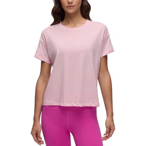 CRZ YOGA Pima Cotton Relaxed T-Shirts for Women – Workout Athletic Gym Casual Short Sleeve Shirts Basic Crewneck Hip Tops(Strawberry Pink)
