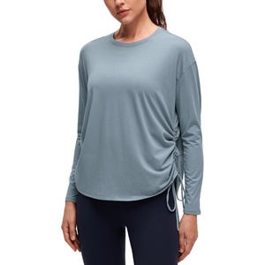 CRZ YOGA Pima Cotton Side Ruched Shirts for Women – Casual Workout Yoga Long Sleeve Tops Loose Crewneck Soft Comfort T-Shirts(Belgian Blue)