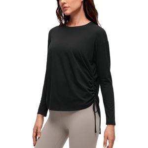 CRZ YOGA Pima Cotton Side Ruched Shirts for Women – Casual Workout Yoga Long Sleeve Tops Loose Crewneck Soft Comfort T-Shirts(Black)