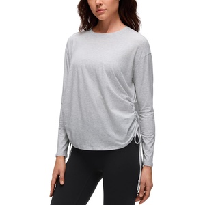 CRZ YOGA Pima Cotton Side Ruched Shirts for Women – Casual Workout Yoga Long Sleeve Tops Loose Crewneck Soft Comfort T-Shirts(Light Grey Heather)