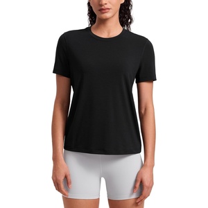 CRZ YOGA Quick Dry Workout Tops for Women Hip Length – Athletic Running Gym Yoga Short Sleeve Shirts Crewneck Basic Tees(Black)