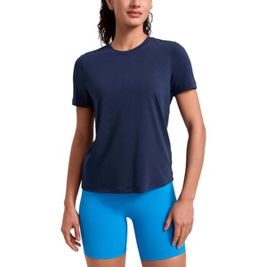 CRZ YOGA Quick Dry Workout Tops for Women Hip Length – Athletic Running Gym Yoga Short Sleeve Shirts Crewneck Basic Tees(Club Blue)