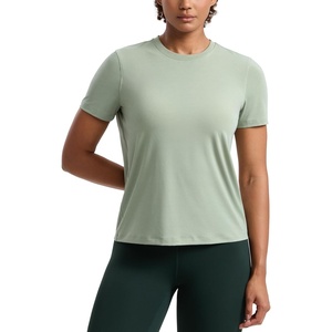 CRZ YOGA Quick Dry Workout Tops for Women Hip Length – Athletic Running Gym Yoga Short Sleeve Shirts Crewneck Basic Tees(Fog Green)