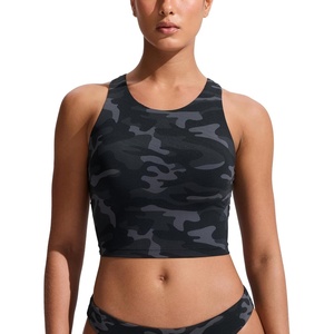 CRZ YOGA Racerback Bikini Tops for Women – Padded High Neck Modest Swim Sports Bathing Bra(Jungle Camouflage Gray)