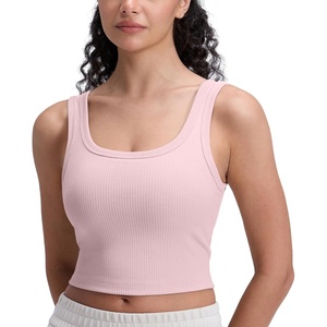 CRZ YOGA Ribbed Scoop Neck Crop Tank Tops for Women – Padded Longline Sports Bras Yoga Workout Cami(Pink Haze)