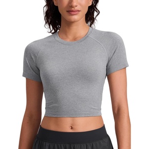 CRZ YOGA Seamless Crop Workout Tops for Women – Athletic Running Gym Yoga Short Sleeve Shirts Basic(Slate Grey Marl)