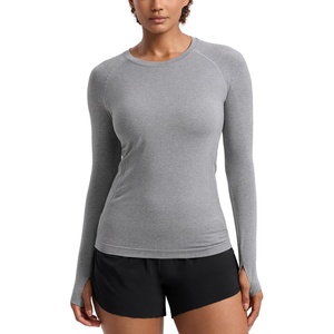 CRZ YOGA Seamless Long Sleeve Shirts for Women Hip Length – Workout Athletic Running Gym Yoga Tops Breathable Crewneck Tshirt(Slate Grey Marl)