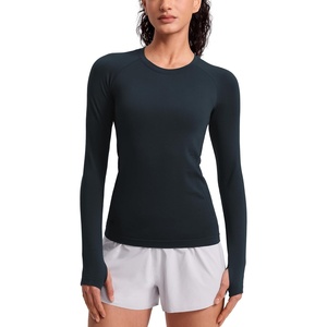 CRZ YOGA Seamless Long Sleeve Shirts for Women Hip Length – Workout Athletic Running Gym Yoga Tops Breathable Crewneck Tshirt(True Navy)