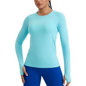 CRZ YOGA Seamless Long Sleeve Shirts for Women Hip Length – Workout Athletic Running Gym Yoga Tops Breathable Crewneck Tshirt(Turquoise)