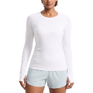 CRZ YOGA Seamless Long Sleeve Shirts for Women Hip Length – Workout Athletic Running Gym Yoga Tops Breathable Crewneck Tshirt(White)