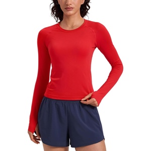 CRZ YOGA Seamless Long Sleeve Shirts for Women Waist Length – Workout Athletic Running Gym Yoga Tops Crewneck Breathable(Deep Red)