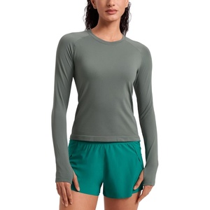 CRZ YOGA Seamless Long Sleeve Shirts for Women Waist Length – Workout Athletic Running Gym Yoga Tops Crewneck Breathable(Grey Sage)