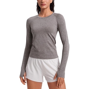 CRZ YOGA Seamless Long Sleeve Shirts for Women Waist Length – Workout Athletic Running Gym Yoga Tops Crewneck Breathable(Hot Fudge Brown Heather)