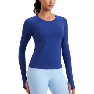 CRZ YOGA Seamless Long Sleeve Shirts for Women Waist Length – Workout Athletic Running Gym Yoga Tops Crewneck Breathable(Larkspur Blue)