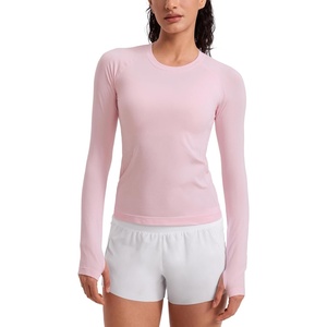 CRZ YOGA Seamless Long Sleeve Shirts for Women Waist Length – Workout Athletic Running Gym Yoga Tops Crewneck Breathable(Strawberry Pink)