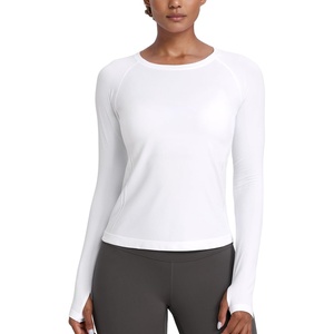 CRZ YOGA Seamless Long Sleeve Shirts for Women Waist Length – Workout Athletic Running Gym Yoga Tops Crewneck Breathable(White)