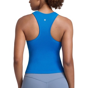 CRZ YOGA Seamless Ribbed High Neck Tank Top for Women – Sleeveless Crop Yoga Workout Shirt with Built in Bra(Sparkle Blue)
