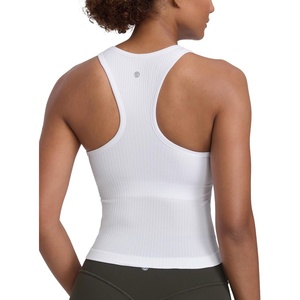 CRZ YOGA Seamless Ribbed High Neck Tank Top for Women – Sleeveless Crop Yoga Workout Shirt with Built in Bra(White)