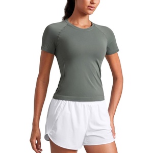 CRZ YOGA Seamless Workout Tops for Women Waist Length – Running Gym Athletic Yoga Short Sleeve Shirts Breathable Crewneck(Grey Sage)