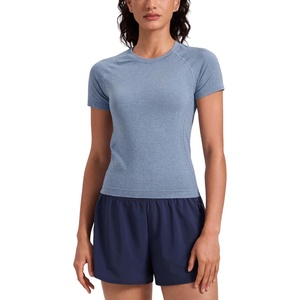 CRZ YOGA Seamless Workout Tops for Women Waist Length – Running Gym Athletic Yoga Short Sleeve Shirts Breathable Crewneck(Oasis Blue Heather)