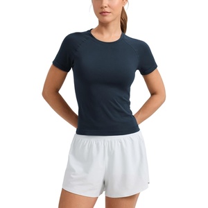 CRZ YOGA Seamless Workout Tops for Women Waist Length – Running Gym Athletic Yoga Short Sleeve Shirts Breathable Crewneck(Twilight Blue)
