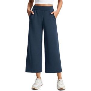 CRZ YOGA SoftAura Wide Leg Cropped Sweatpants Women 25″ – Modal Lounge Travel Casual Capri Pants with Pockets(Ink Blue)