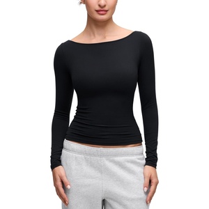 CRZ YOGA Softembrace Boat Neck Long Sleeve Shirts for Women – Casual Going Out Tops Soft Stretchy Fitted Fall T-Shirts(Black)