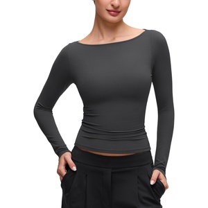 CRZ YOGA Softembrace Boat Neck Long Sleeve Shirts for Women – Casual Going Out Tops Soft Stretchy Fitted Fall T-Shirts(Mysterious Grey)