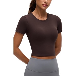 CRZ YOGA Softembrace Crewneck Crop Tops for Women – Workout Casual Going Out Soft Short Sleeve Shirts Basic Fitted Baby Tees(Hot Fudge Brown)