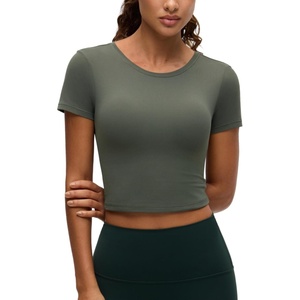 CRZ YOGA Softembrace Crewneck Crop Tops for Women – Workout Casual Going Out Soft Short Sleeve Shirts Basic Fitted Baby Tees(Light Army Green)