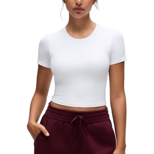 CRZ YOGA Softembrace Crewneck Crop Tops for Women – Workout Casual Going Out Soft Short Sleeve Shirts Basic Fitted Baby Tees(White)