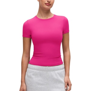 CRZ YOGA Softembrace High Neck Tops for Women – Soft Workout Casual Going Out Shirts Crewneck Tight Short Sleeve T-Shirt(Granita Pink)