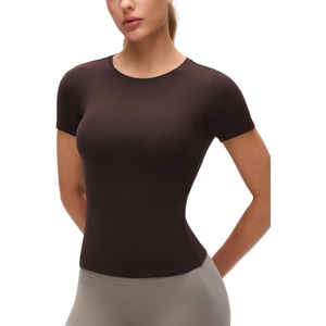 CRZ YOGA Softembrace High Neck Tops for Women – Soft Workout Casual Going Out Shirts Crewneck Tight Short Sleeve T-Shirt(Hot Fudge Brown)