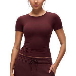 CRZ YOGA Softembrace High Neck Tops for Women – Soft Workout Casual Going Out Shirts Crewneck Tight Short Sleeve T-Shirt(Red Merlot)